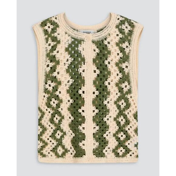 Sandro Jackets & Blazers - Last Call! New Sandro Henrika Geo Crochet Vest Ecru Olive Large $295